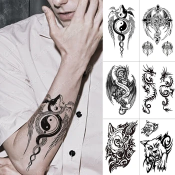 Vodotěsný Dočasné Tetování Nálepka Yin Yang Dragon Peří Křídla Flash Tetování Vlk Totem Tělo Umění Rameno Falešné Tetování Muže
