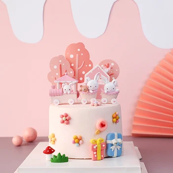 Roztomilý Růžový Králík Vlak Dort Mulčovače pro Dívku dětský narozeninový dort dětský Den Party Dítě Šťastné Narozeniny Dodávky Krásné Dárky