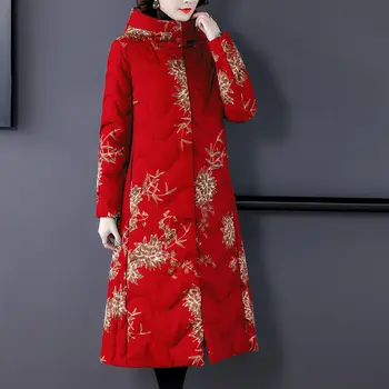 Elegantní 2021 Nové Tištěné Retro Tlusté Dolů Padded Jacket Mid-Délka Módní Čínský Styl Oblečení Ženy Zimní Bundy Kabát M903