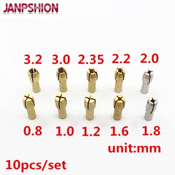JANPSHION 10ks Mini Vrtačka Mosaz Collet Chuck 4.3 mm Stopka Velikost pro Dremel Rotační Nástroj 0.5/0.8/1.0/1.2/1.5/1.8/2.0/2.4/3.0/3.2 mm