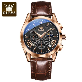 OLEVS 2876 Multifunkční Luxusní Pravé Kůže Popruh Hodinky pro Muže Sport Quartz Vodotěsné Muži Náramkové hodinky Světelný