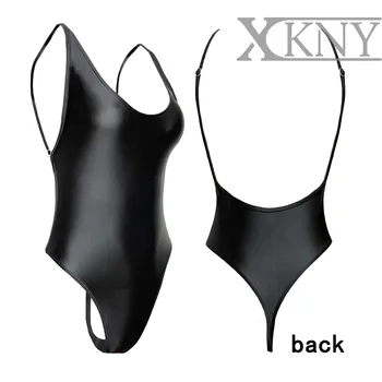 XCKNY saténové lesklé jeden kus punčocháče Hedvábné hladké černé plavky sexy low-cut košilka ve tvaru T, vysoký vidlice pevně Trénink jóga oblek