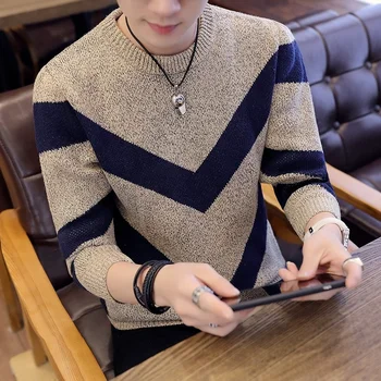 Jarní a podzimní pánské teplý svetr Korean módní oblečení pánské kolo krk svetr pletený pruhovaný svetr kabát muži slim