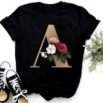 Vlastní Název Dopis Kombinace Módní Ženy T-shirt Květinové Dopis Písma A B C D E F G Krátký Rukáv Topy Černé tričko Oblečení