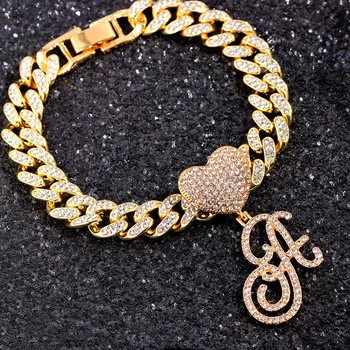 Nové Bling Crystal-Z Počáteční Cursive Dopis Srdce Přívěsek Šperky Pro Ženy, Ledový, Kubánský Řetězec Hip Hop Kotník Náramek Šperky