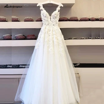 Lakshmigown Boho Vintage Krajky Svatební Šaty Roku 2020 Vestidos de Boda Hluboko V Krku Sexy Svatební Šaty bez Rukávů Otevřené Zadní Podlahy