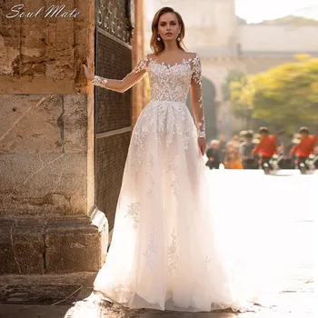 Elegantní A-Line Svatební Šaty Roku 2022 Pro Ženy Dlouhé Rukávy Krajka Nášivka Svatební Šaty Tlačítko Zpět Svatební Šaty Vestido De Noiva
