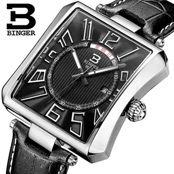 Švýcarsko BINGER Pánské Hodinky Luxusní Značky Tonneau Quartz Hodiny Vodotěsné, kožený řemínek Muž Náramkové hodinky B3038-2