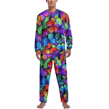 Barevný Motýl Pyžamo Zimní Neon Animal Print Volný Čas Doma Oblek Mužů 2 Kusy Grafické Dlouhý Rukáv Cool Pyžama Sady