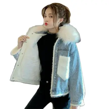 Zimní Dámské Džínové Kožich Streetwear Lady Ležérní Tlusté Bundy Parka Ženy Jediného Breasted Vynosit Teplý Sametový Kabát