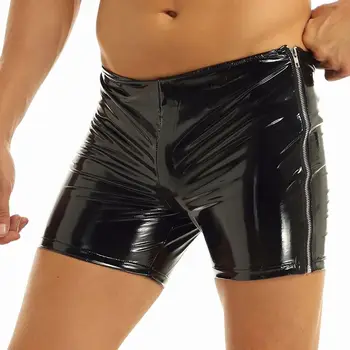 Pánské Sexy Lesklé Kůže Boxer Pro Sex Erotické Porno Lesklé Latexové Slipy Muž Krátké Patent Kožené Kalhoty Sexy Spodní Prádlo