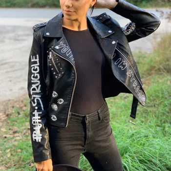 Ailegogo 2022 Nové Podzimní Ženy Umělé Měkké Kožené Bundy, Kabáty Lady Black PU Nýt Zip Nárameníky 3D tisk Motocyklu Streetwear