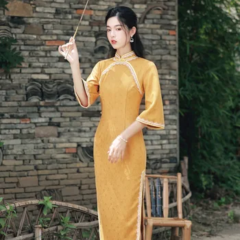 Žluté 3/4 Volné Dlouhý Rukáv Cheongsam Semiš Slim Matka Šaty Elegantní Tradiční Večerní Šaty Vintage Qipao