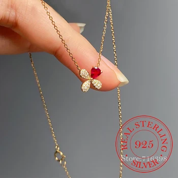 S925 Sterling Silver Klasické Ruby Jetel náhrdelník Náhrdelník Přívěsek pro Ženy 14K Zlatem Pozlacené Náhrdelníky Svatební Party Šperky Dárek