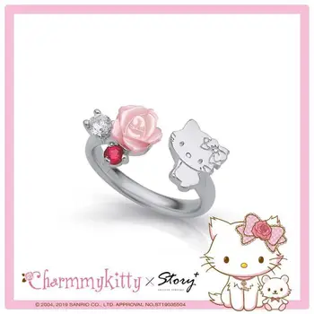 Sanrio Hello Kitty Prsten Ženy Kawaii 925 Sterling Silver Šperky Cartoon Rose Kt Kočka Otevřít Nastavitelný Kroužek Dívka Dárek K Narozeninám