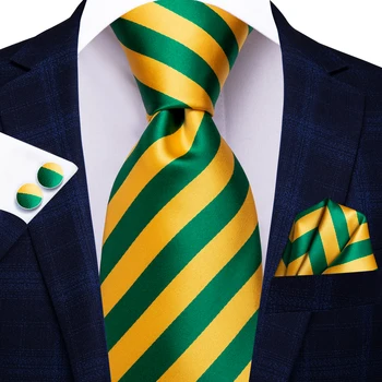 Hi-Kravata Žlutá Zelené Pruhované Hedvábné Svatební Kravaty Pro Muže Módní Design Handky Manžetový Knoflík Set Pro Muže Kravata Obchodní Párty Dropship