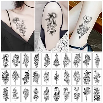 30ks Skica Květina Dočasné Tetování Nálepka Černá A Bílá Jizva, Zahrnující Rose Malé Čerstvé Dočasné Peří Rameno Tetování Nálepka