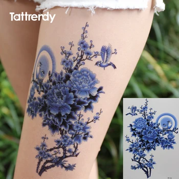 ženy dočasné Tetování samolepky rameno rameno modrá pivoňka květ Moon bird tradiční Čínské malby, design osobnosti HB566