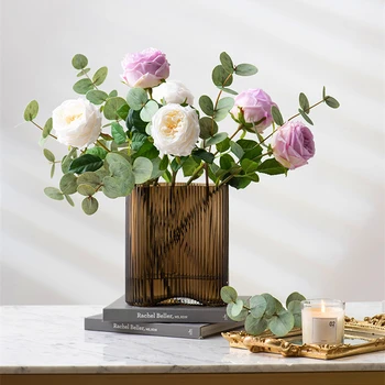 Vysoké kvality Skutečný dotek velké čajové růže větve a listy Eukalyptu umělé květiny pro výzdobu domova deco mariage flores