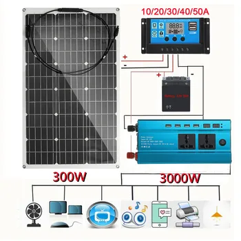 3000W Solární Systém 600W Solární Panel 18V Baterie, Nabíječka 3000W Měnič Kit Kompletní 10-50A Regulátor Domů Mřížky Tábor Telefon