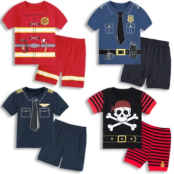 Děti Chlapec Pyžamo dětské Letní Příležitostné Policie, Hasič Batole oblečení na Spaní Bavlněné Kreslený Krátký Rukáv Top+Kalhoty 2-10R Oblečení