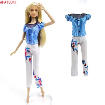 Modrá Bílá Módní Panenka Šaty Sada pro Barbie Oblečení 1/6 Panenky Doplňky Pruhované T-shirt, Top, Kalhoty, Kalhoty, Hračky Pro Děti