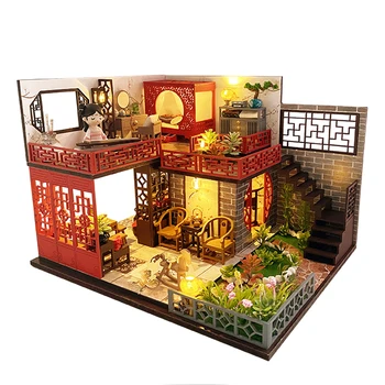 Čínské Starobylé Loft DIY Dřevěný Domeček pro panenky Miniaturní Nábytek Lehký Závod Sestavit Casa Hračky pro Děti, Dárky pro Dospělé