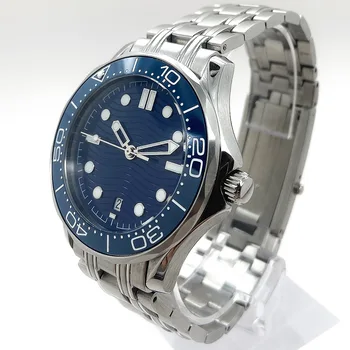 Luxusní 41mm pánské mechanické hodinky modrý ciferník kalendář světelný jehly keramické bezel 316L leštěný pouzdro z nerezové oceli hodiny