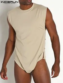 INCERUN Muži Bodysuits Pyžamo O-krku bez Rukávů Tlačítko Kombinézu 2022 Plná Barva Sexy Volný čas Muži Rompers spodní Prádlo S-5XL