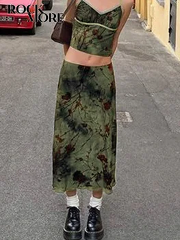 Rockmore Fairycore Grunge Květinové tisk Midi Sukně Y2K Estetiky Oblečení Vintage Nízká Pasu Zelená Žena Sukně Harajuku Oblečení