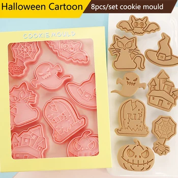 8ks/sada Halloween Cookie Frézy 3D Plastové Pressable Suchar Formy Cookie Zdobení Pečení Příslušenství Pečení Nástroj