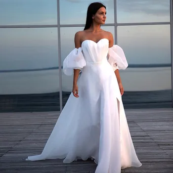 Bílý Odnímatelný Krátký Rukáv Beach Svatební Šaty Boho Jednoduchý Zamést Vlak Skládaný Organza Nevěsty Šaty Robe De Mariee
