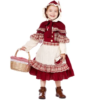 Purim Dívka Little Red Riding Hood Kostým Krásné Lolita Prairie Girl Kniha Týden Cosplay Karneval Halloween Maškarní Party Šaty