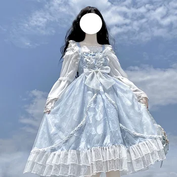 Japonská Sladká Lolita Šaty Bowknot Shell Print Krajky Výšivky Jsk Sling Šaty Kawaii Tea Party Baby Doll Šaty Pro Ženy y2k
