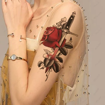 Vodotěsný Dočasné Tetování Nálepka Sexy Červené Růže Nůž Realistický Design Falešné Tetování Flash Tetování Paže body Art pro Ženy, Muže