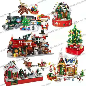 6 Typy Vánoční Téma Stavební Bloky, Vánoční Strom, Veselé Domě Santa Claus Cihly Hračky Dítě Dárek S LED Zářící Music Box