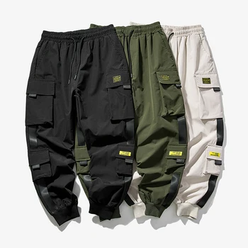 Běžce Cargo Kalhoty pro Muže Neformální Hip Hop Pocket Mužské Kalhoty, Tepláky Streetwear Multi-Pocket Stuhy Ležérní Pánské Kalhoty