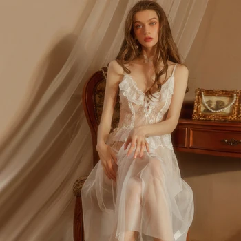 Nový Francouzský Tyl Krajka Dlouhý Nightwears Pro Dámy Romantické Hluboký Výstřih Volánky Noční Šaty Ženy Sexy Noční Košili Transparentní Oblečení Na Spaní