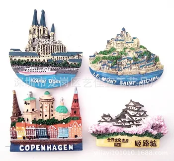 magnety na lednici architektonické scenérie Pryskyřice lednička nálepka Japonsko Dánsko Francie Paříž turistické suvenýry lednička magnet