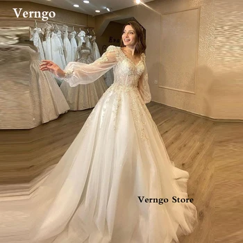 Verngo Vintage Line Puff Dlouhé Rukávy Svatební Šaty V Neck Krajky Nášivka Tyl Princezna Skromný Svatební Šaty Robe de mariage