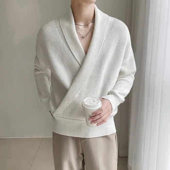 Muži V-neck korejské Streetwear Módy Vintage Volné Ležérní svetr Svetr Pletené zboží Mužské Svetr Kabát Jevištní Kostým