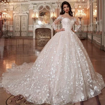 2023 Nové Krajky Svatební Šaty Plus Velikost Iluzi Dlouhý Rukáv Perly, Korálky Nášivky Bílé Svatební Šaty Vestido De Noiva