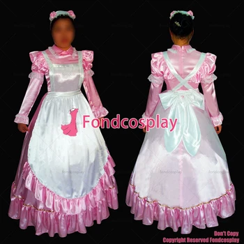 fondcosplay dospělé sexy cross dressing sissy maid dlouhé růžové saténové šaty uzamykatelné Jednotná bílá zástěra kostým CD/TV[G272]