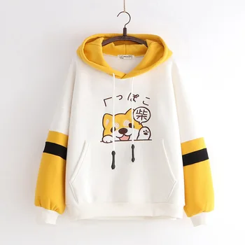Zimní Japonské Kawaii Ženy Mikiny Harajuku Zvířat Grafický Teplé Oblečení, Sladký Žlutá Mikina Roztomilý Školy Dívka Fleece Mikina