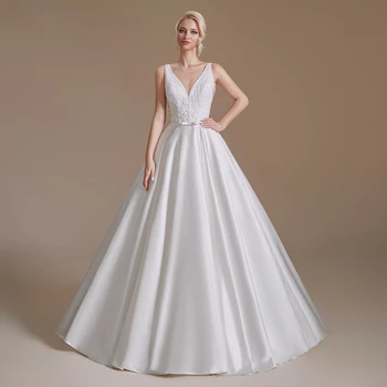PAFFAS Satén Svatební Šaty 2022 V Krku s hlubokým Výstřihem Jednoduchý Sexy Bílá Slonová kost Svatební Šaty Pro Ženy, Vestido De Novia
