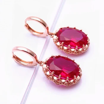 585 Fialová Pozlacené 14K Růžové Zlato Vykládané Oválný Ruby Náušnice pro Ženy Klasické Kolekce Luxusní Zásnubní Šperky