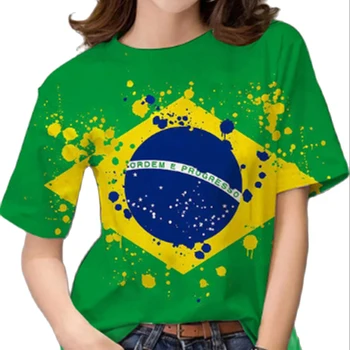 Dámské tričko Brasil Vlajka Tisk Top Módní Volné Nadrozměrné Dámské Oblečení, Móda Ulice Kolem Krku Krátký Rukáv Tričko