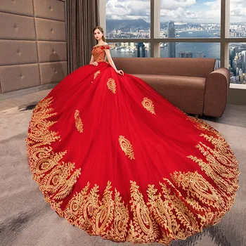 Červené Svatební Šaty Vestido De Noiva Classic Boat Neck Plesové Šaty Luxusní Krajky Robe De Mariee Plus Sise Svatební Šaty