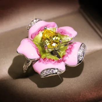 Bohemia Elegantní Květina Růžové Ručně vyráběné Smaltované Malované Stříbrné Barvy Prsteny pro Ženy Elegantní Rostlina, okvětní Lístek, Vintage Šperky