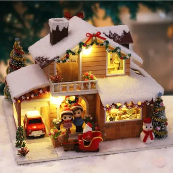 Diy Dřevěné Vánoce Domeček Pro Panenky Kit Miniaturní Dům S Nábytkem Casa Sníh Chata Jídelna Domeček Pro Panenky, Hračky Pro Děti